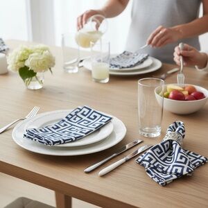 Southern Living Blue and White Greek Key Pattern Fabric Napkins Set of 6